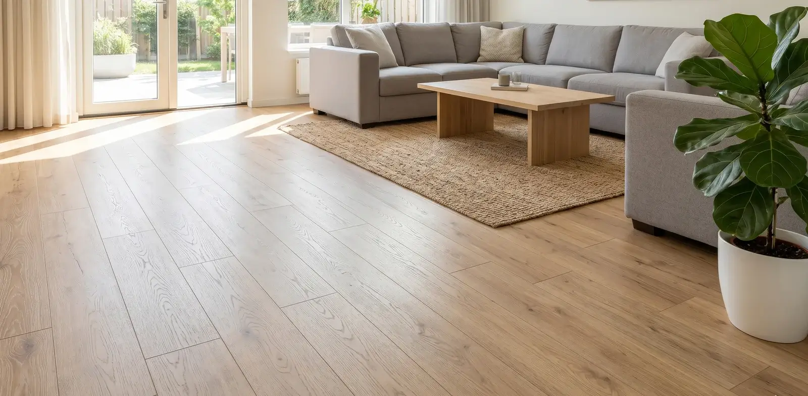 Light oak laminate plank flooring in a bright Arizona residential living room with modern furnishings and natural light